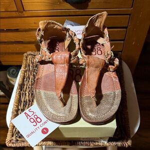 A.S.98 Tan and Metallic Braided Leather RoscoeT-Strap Sandals BNIB SZ EU 39